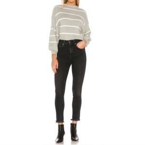 Free People High Rise Raw Frayed Hem Skinny Jeans Black Wash Size 31